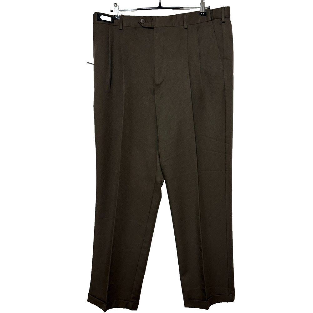 Savane Dress Pants Mens 38X32 Brown Expandable Waistband Double Pleat Cuffed NWT